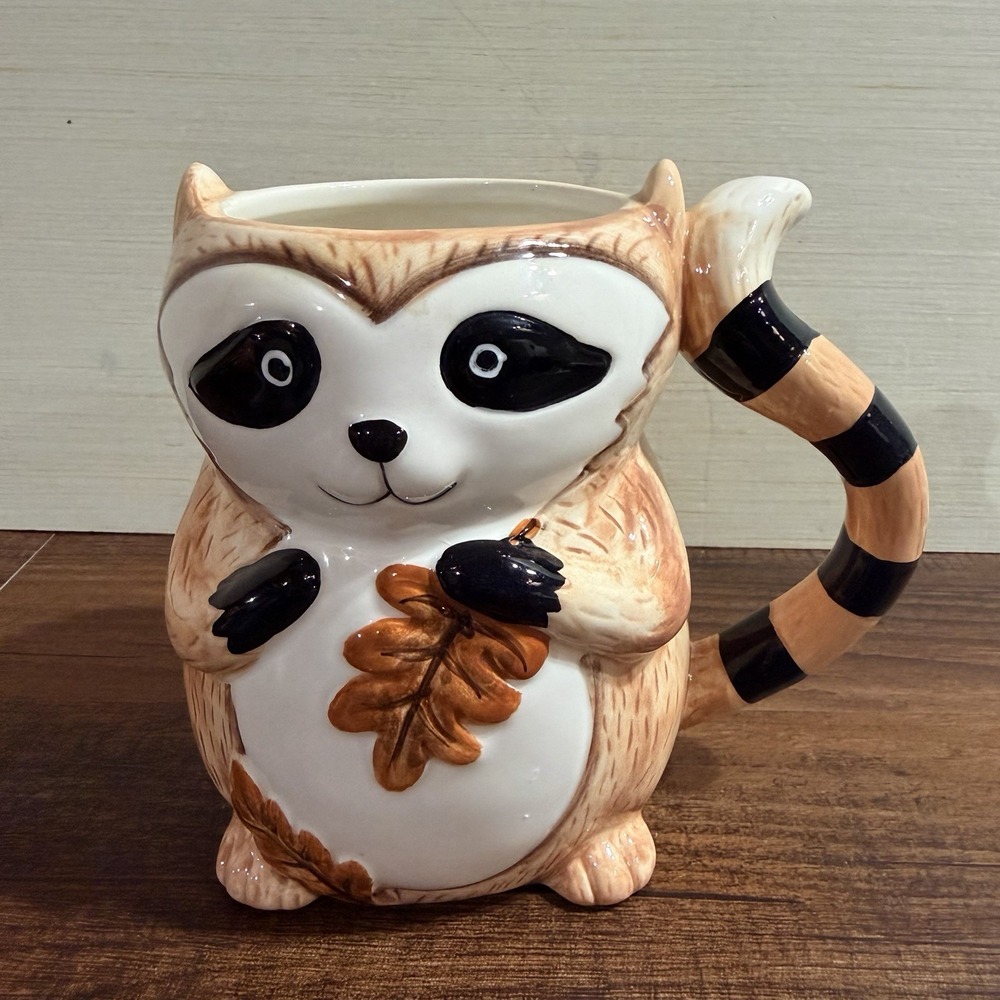Pier1 Hand Painted Dolmite 3D Stein Mug Cup Raccoon With Autumn Leaf Fall Decor
